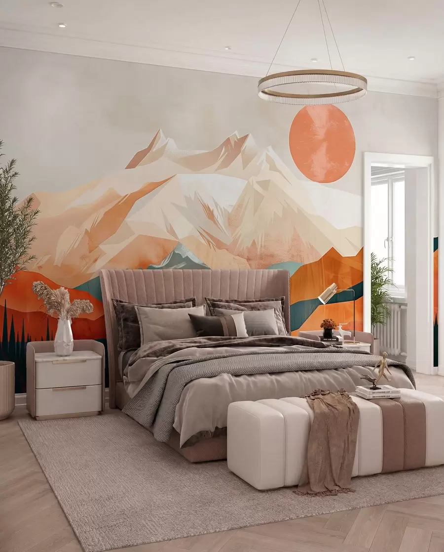 wall murals Boho bliss: a serene landscape of mountains, trees, and sun w01358