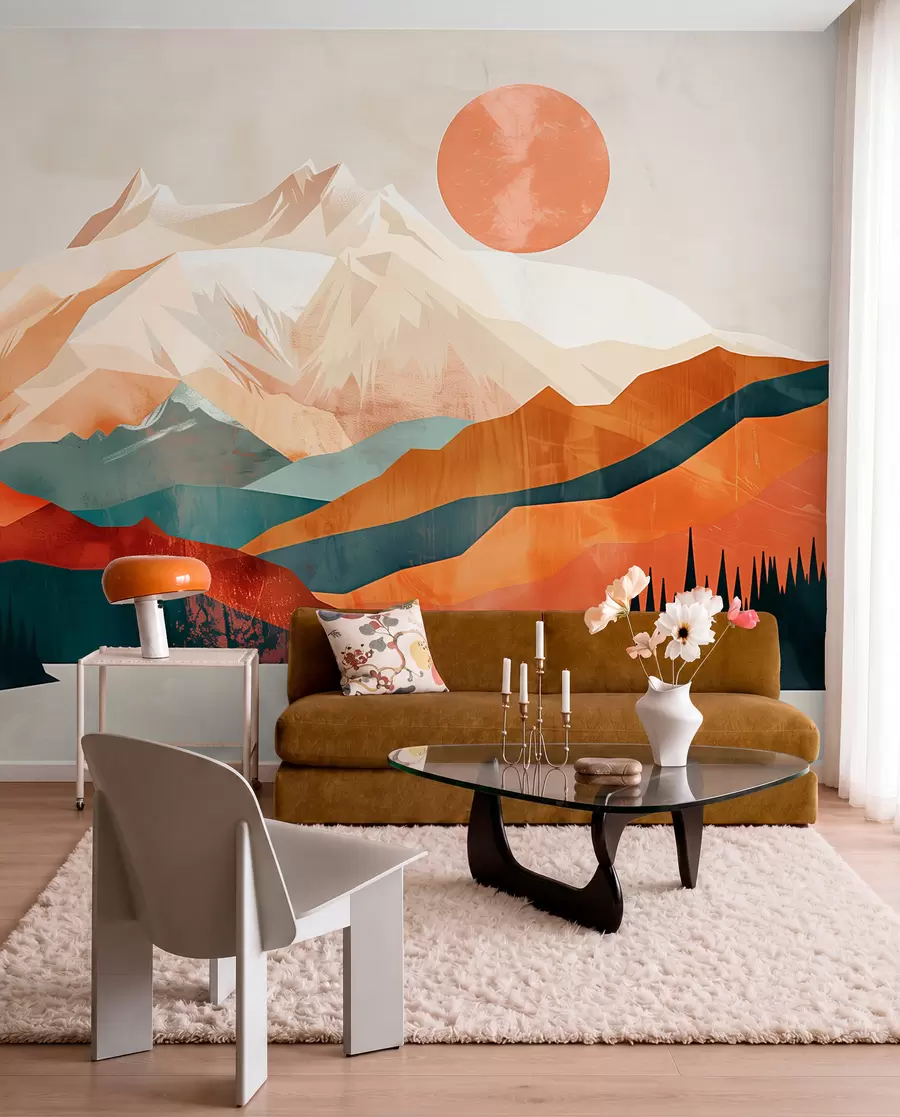 Wall Mural Photo Wallpaper Boho bliss: a serene landscape of mountains, trees, and sun w01358