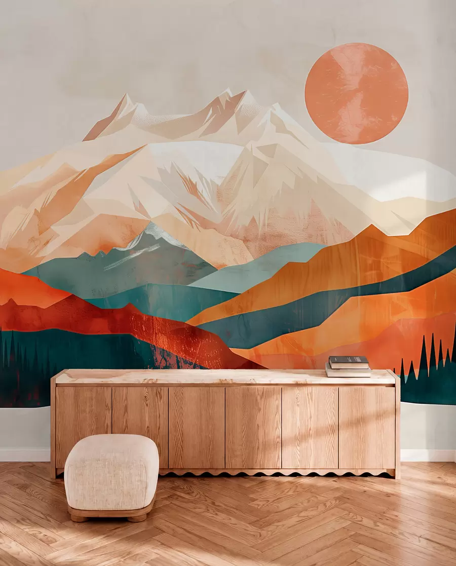 peintures murales Le bonheur bohème : un paysage serein de montagnes, d'arbres et de soleil w01358