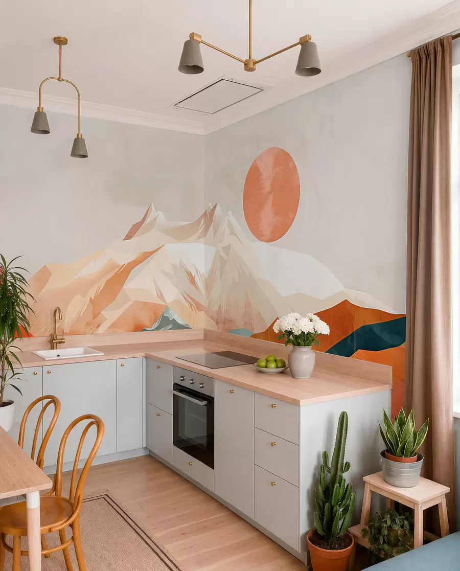 wall murals Boho bliss: a serene landscape of mountains, trees, and sun w01358