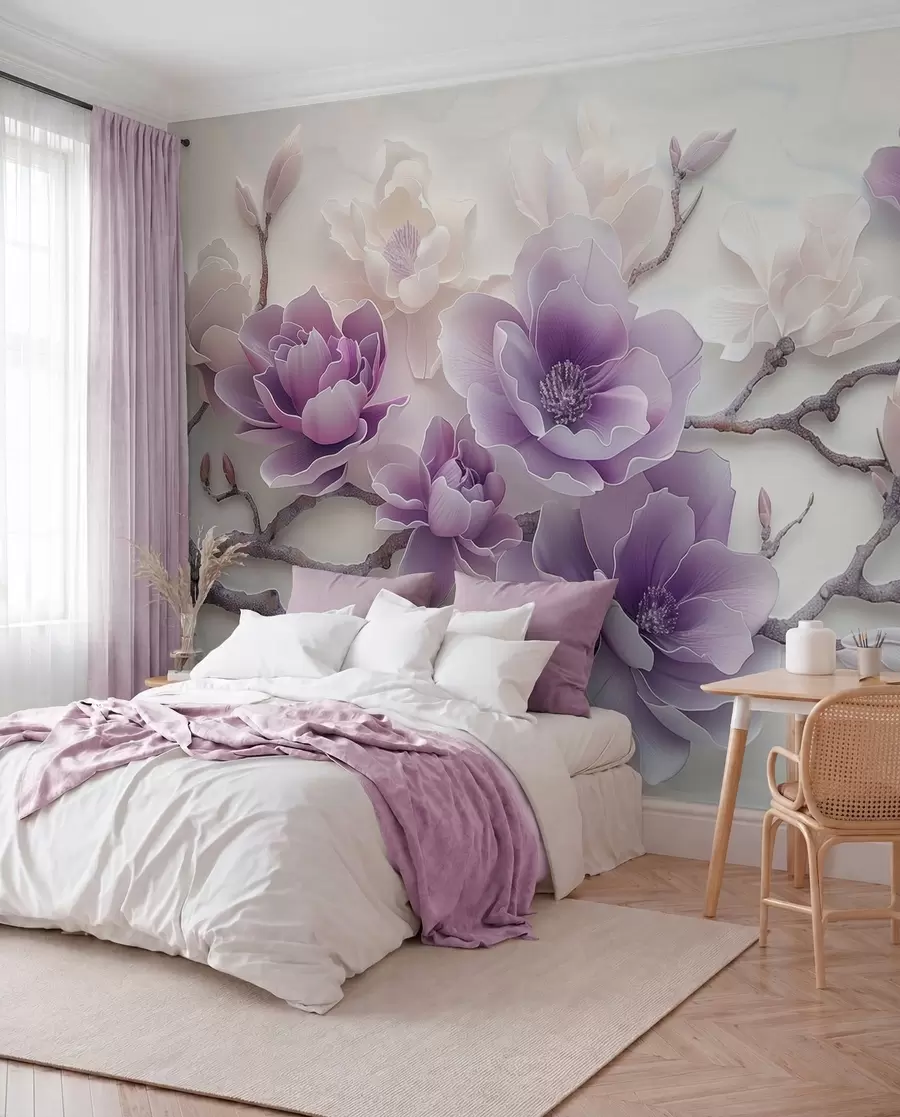 Wall Mural Photo Wallpaper Purple embossed magnolia flowers on a graceful branch w01359