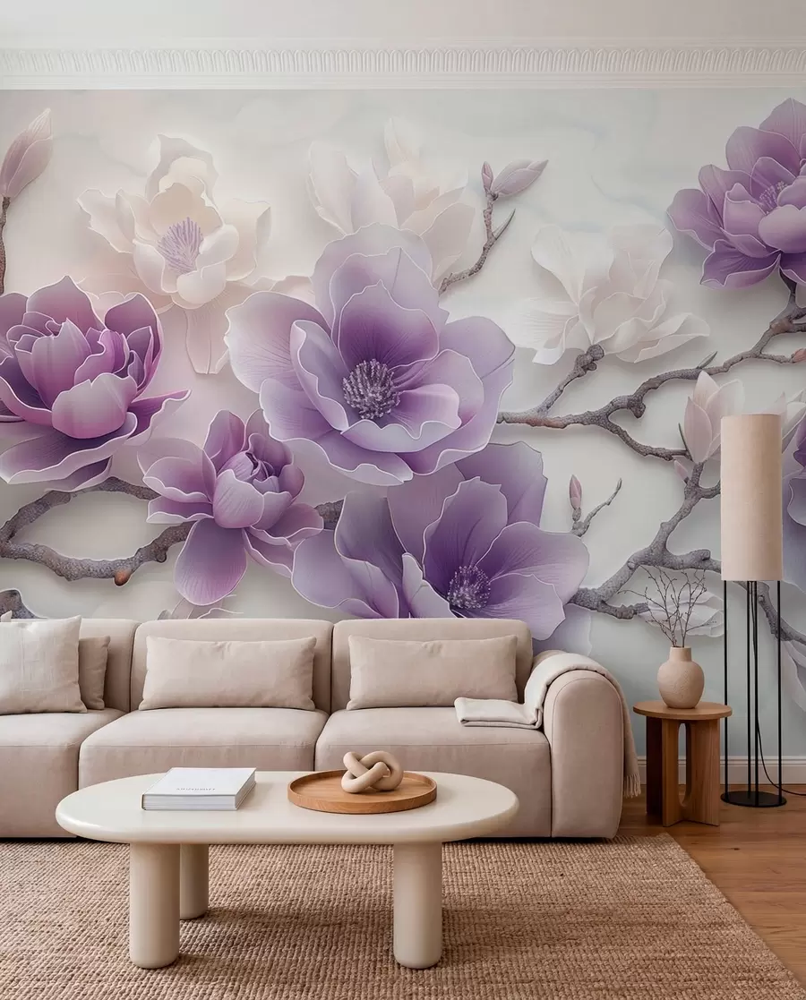 murales Flores de magnolia con relieve morado en una rama elegante w01359