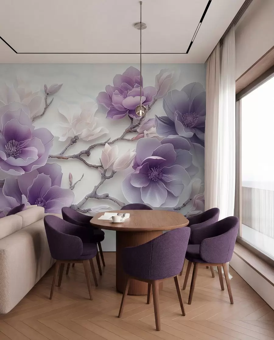 Wall Mural Photo Wallpaper Purple embossed magnolia flowers on a graceful branch w01359