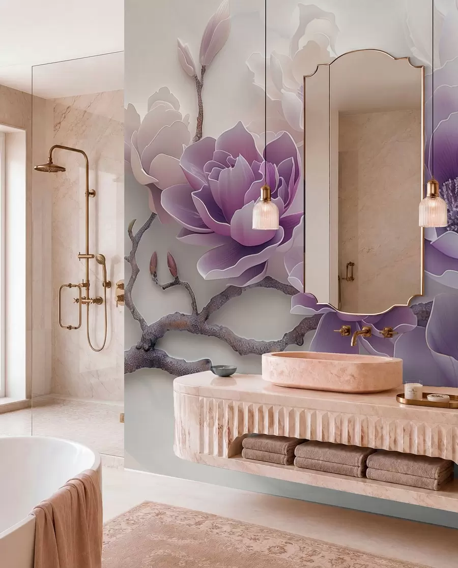 Wall Mural Photo Wallpaper Purple embossed magnolia flowers on a graceful branch w01359