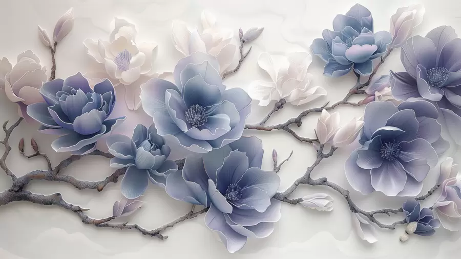 murais de parede Flores de magnólia azul em relevo em um galho gracioso w01359v1