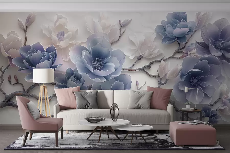 murais de parede Flores de magnólia azul em relevo em um galho gracioso w01359v1