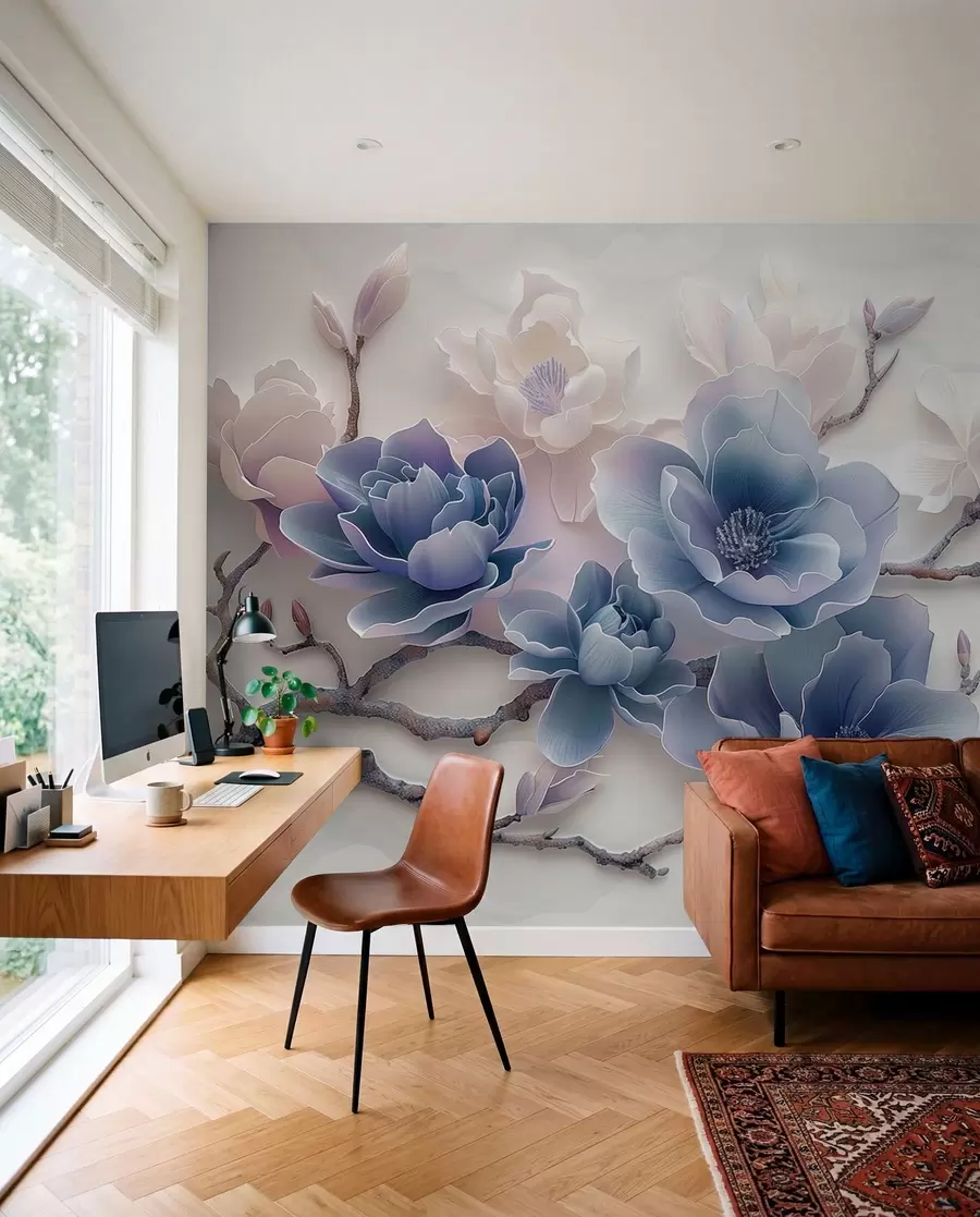 wall murals Blue embossed magnolia flowers on a graceful branch w01359v1