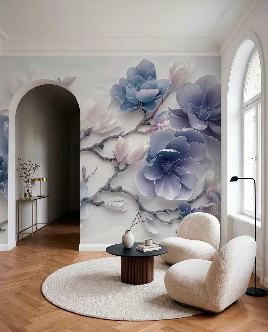 wall murals Blue embossed magnolia flowers on a graceful branch w01359v1