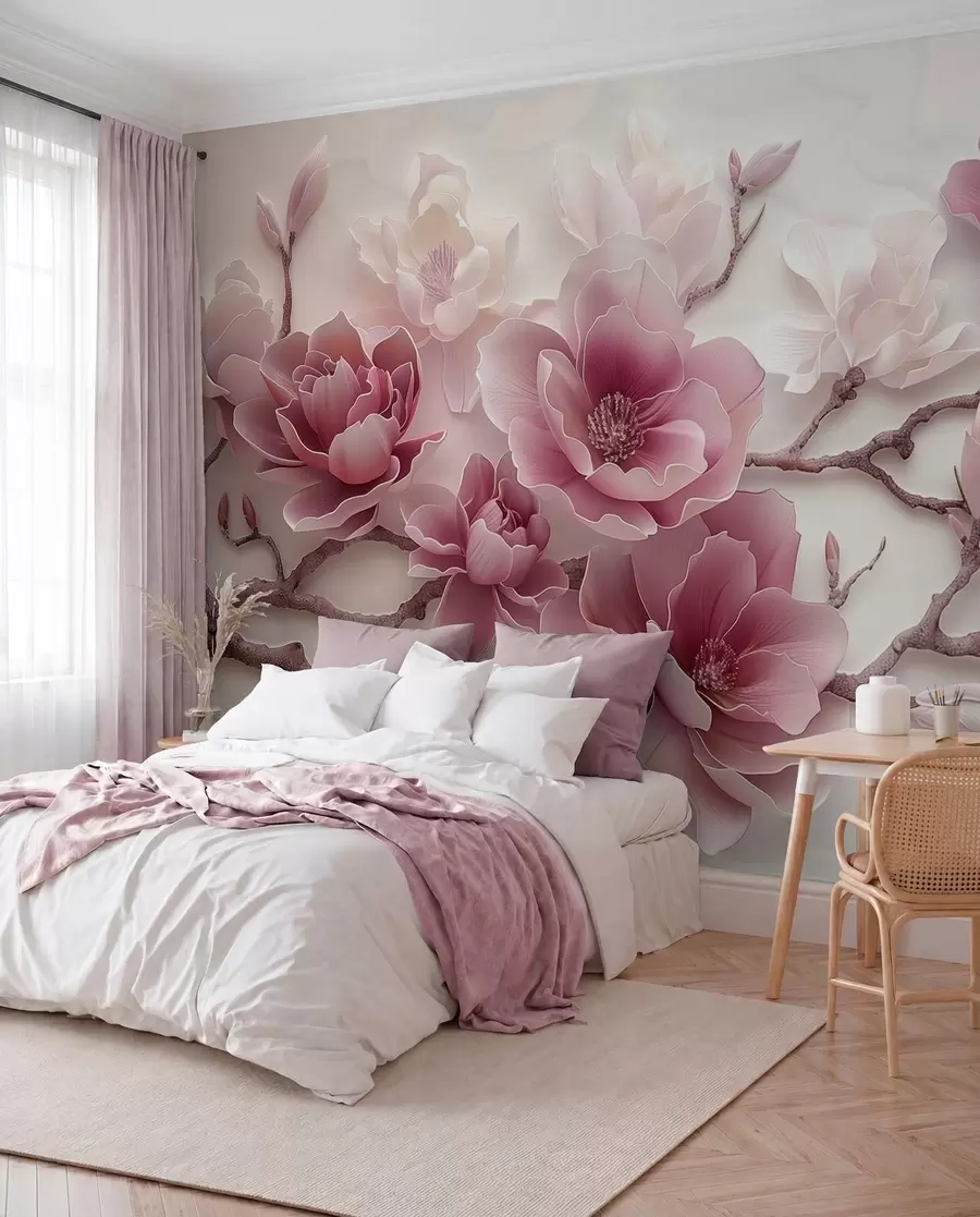 wall murals Pink embossed magnolia flowers on a graceful branch w01359v2