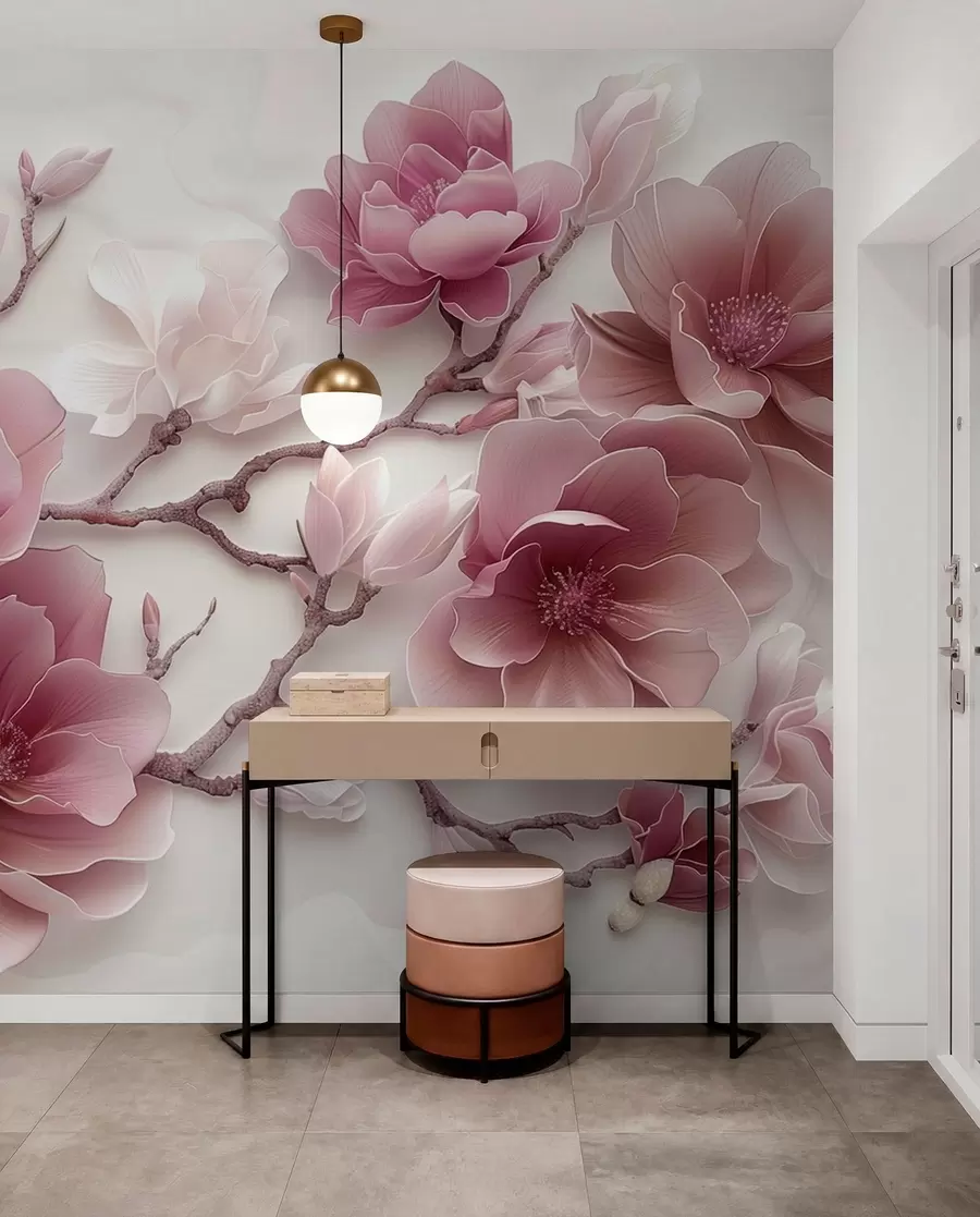 peintures murales Fleurs de magnolia roses en relief sur une branche gracieuse w01359v2