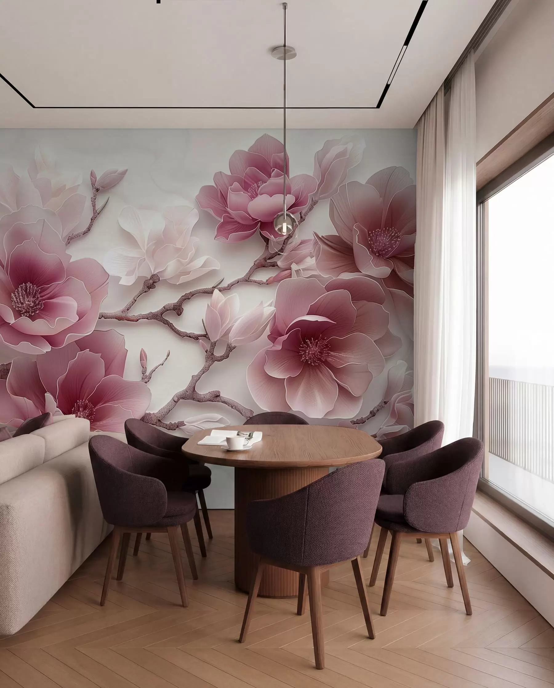 wall murals Pink embossed magnolia flowers on a graceful branch w01359v2