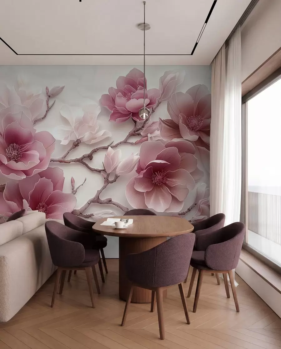 wall murals Pink embossed magnolia flowers on a graceful branch w01359v2