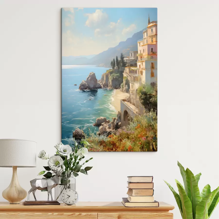 wall murals View of the sea bay, mountains in Italy from the hotel imitation of oil painting s40088