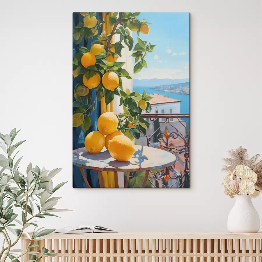 wall murals Lemons on tree and table on hotel balcony with sea view imitation oil painting s40091