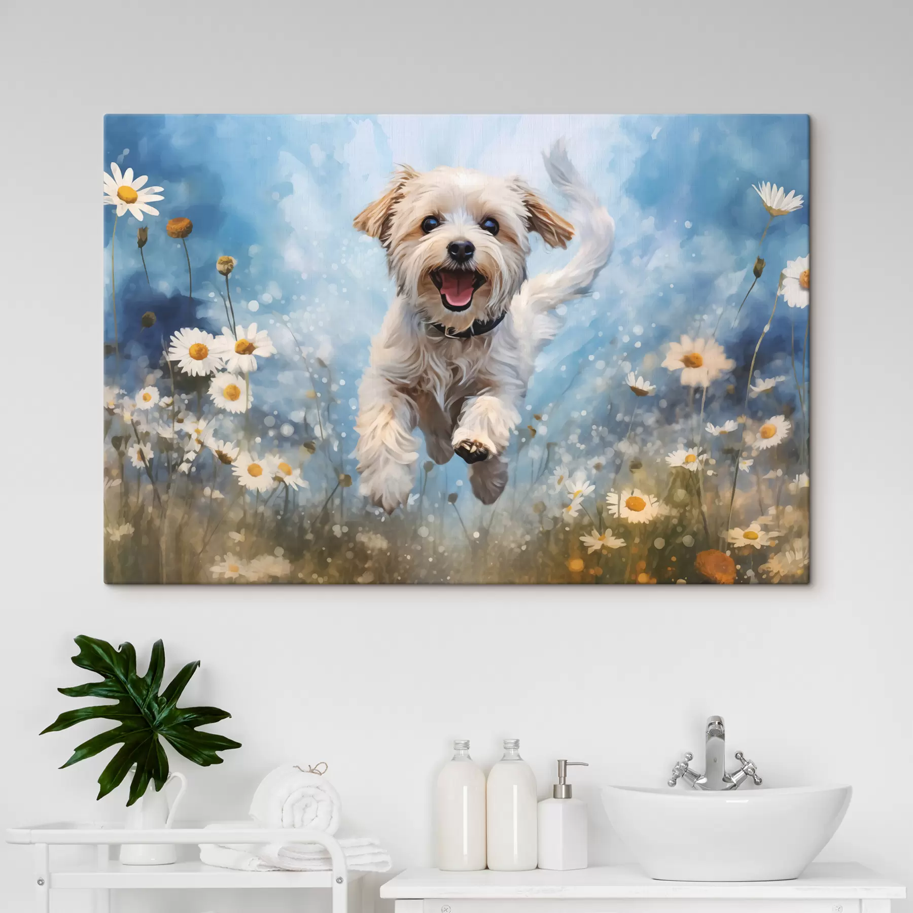wall murals Little white dog jumping among daisies on a blue background watercolor s40092