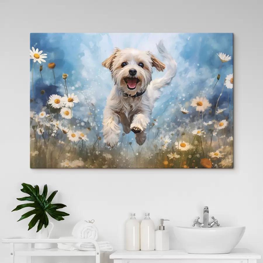 wall murals Little white dog jumping among daisies on a blue background watercolor s40092