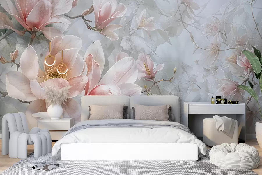 murais de parede Delicadas flores de magnólia rosa florescendo em um fundo cinza floral suave e desfocado w08192