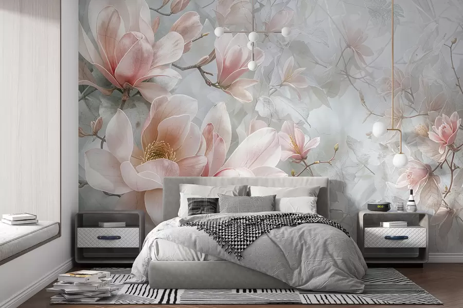 murais de parede Delicadas flores de magnólia rosa florescendo em um fundo cinza floral suave e desfocado w08192