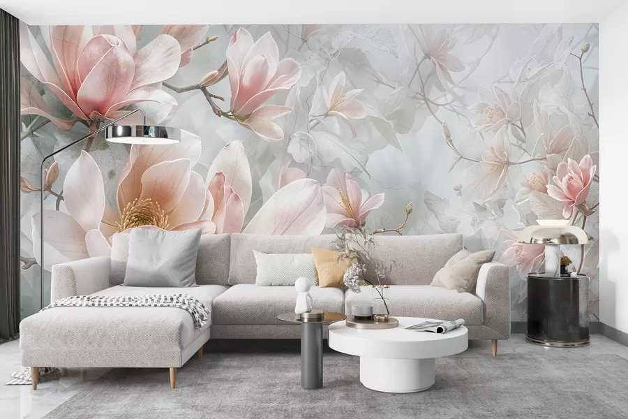 murais de parede Delicadas flores de magnólia rosa florescendo em um fundo cinza floral suave e desfocado w08192