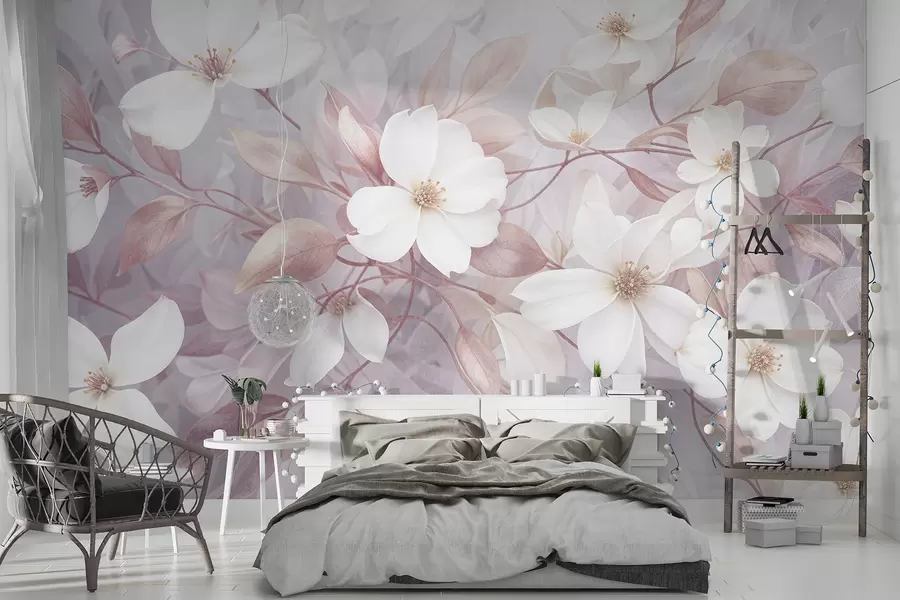 murais de parede Delicadas flores de magnólia rosa e branca florescendo em galhos suaves e desfocados contra um fundo claro w08196