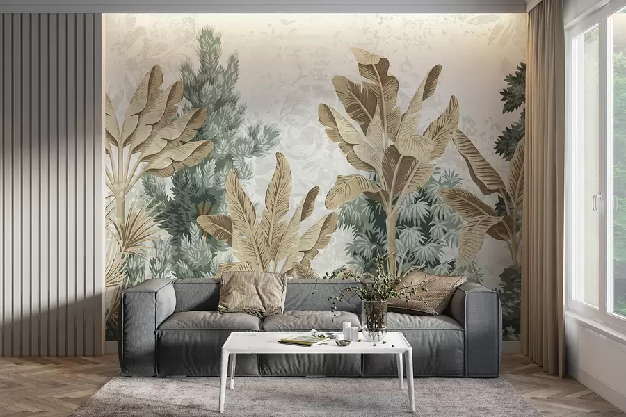 peintures murales Un imprimé de feuillage tropical luxuriant avec des feuilles vertes et brunes, des palmiers et d'autres plantes exotiques w08200