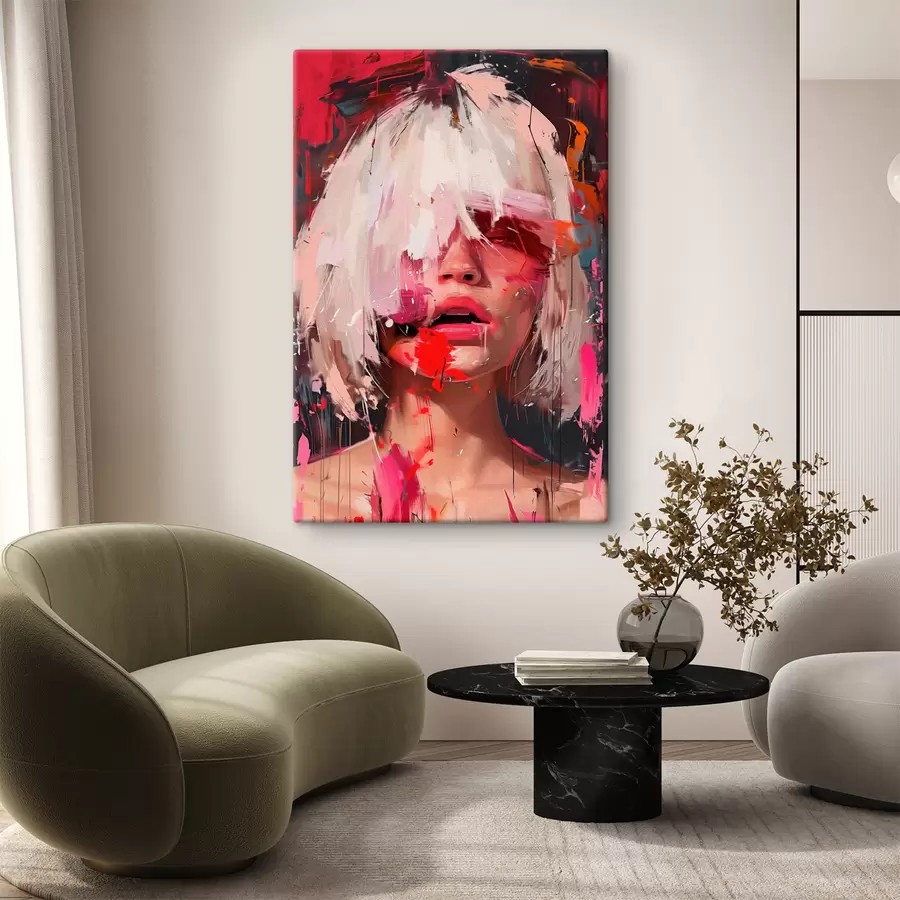 wall murals Blonde girl with a square bob and colored paint s40110