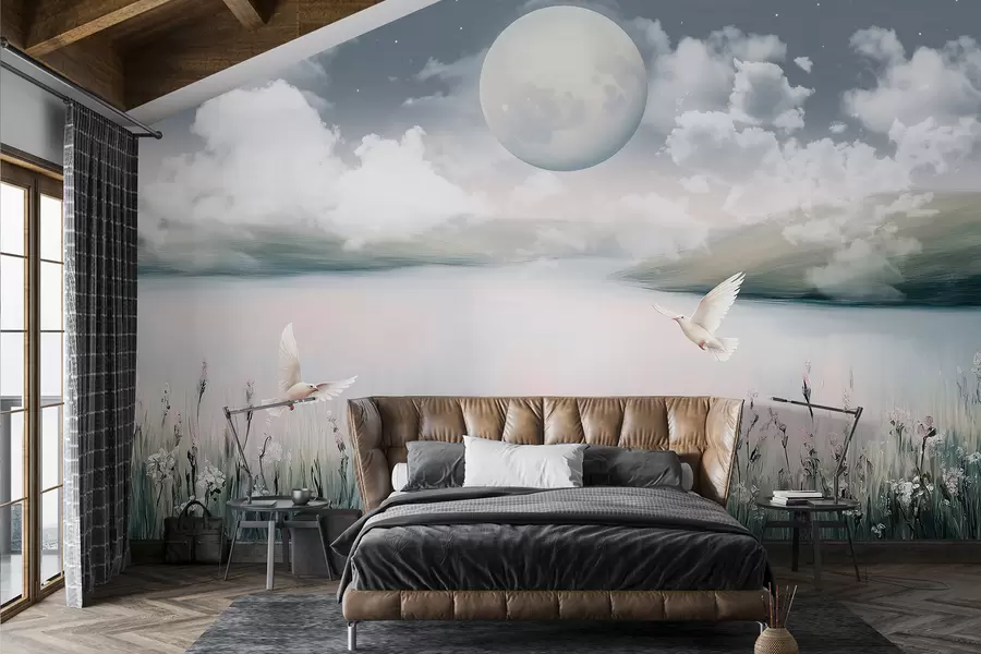 Wall Mural Photo Wallpaper Beautiful landscape with lake, flower meadow, moon on the night starry sky, flying birds, clouds w01389