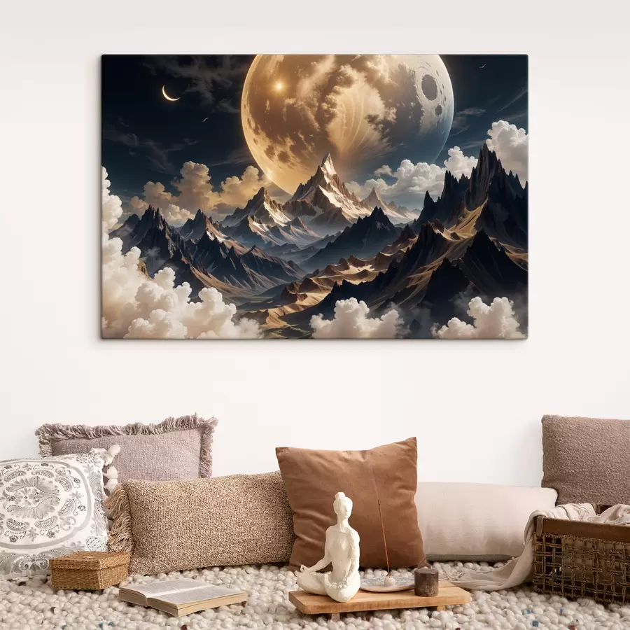 murales Un paisaje surrealista con montañas cubiertas de nieve bajo una enorme luna llena, con nubes tenues s40147