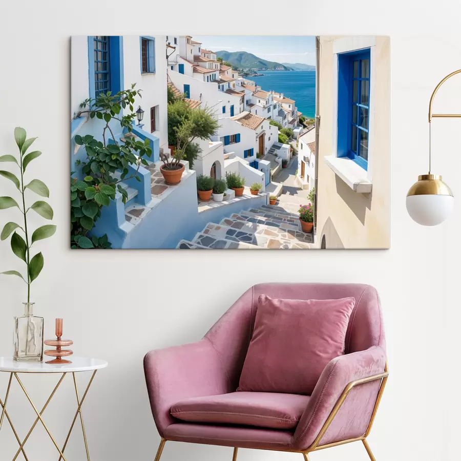 wall murals A picturesque coastal town with white buildings, blue windows, and potted plants lining the narrow streets  s40148