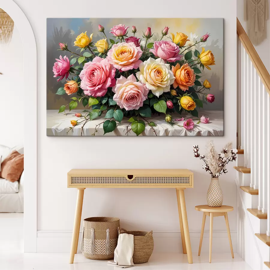 wall murals A bouquet of colorful roses in various shades of pink, yellow, and orange, arranged with green leaves s40149