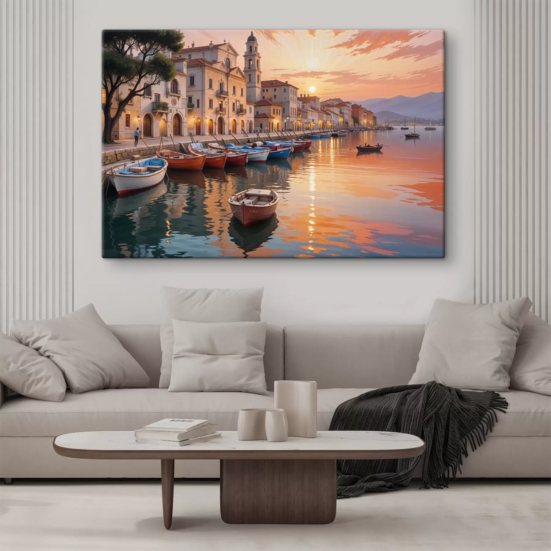 wall murals Italian coastal town at sunset, with colorful buildings lining the waterfront and boats floating in the calm waters s40150