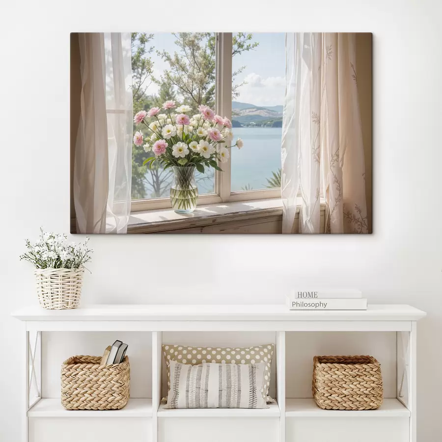 wall murals A bouquet of pink and white flowers in a glass vase placed on a windowsill, with a scenic lake and mountains  s40151