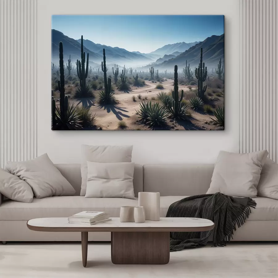 murales Un paisaje desértico con altos cactus y plantas de yuca en primer plano, rodeado de montañas brumosas s40153