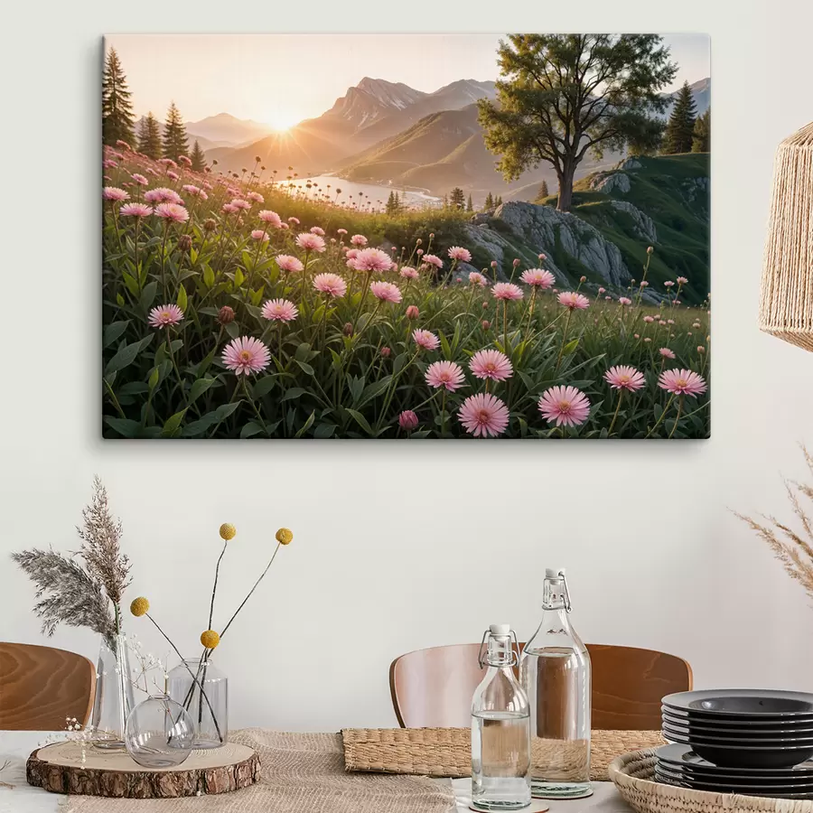 wall murals A field of pink daisy-like flowers in the foreground, with a large mountain range in the background s40154