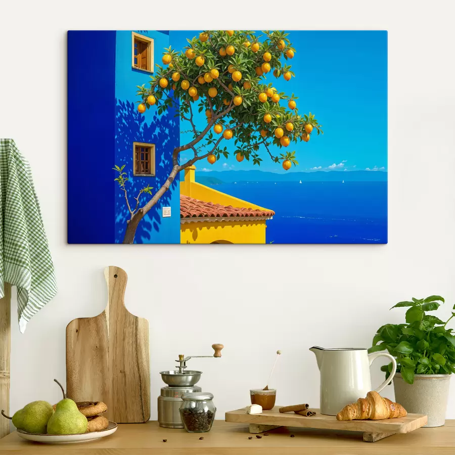 murales Un naranjo con frutos maduros que crece en un edificio con una pared azul y un techo de tejas con vista al océano s40159