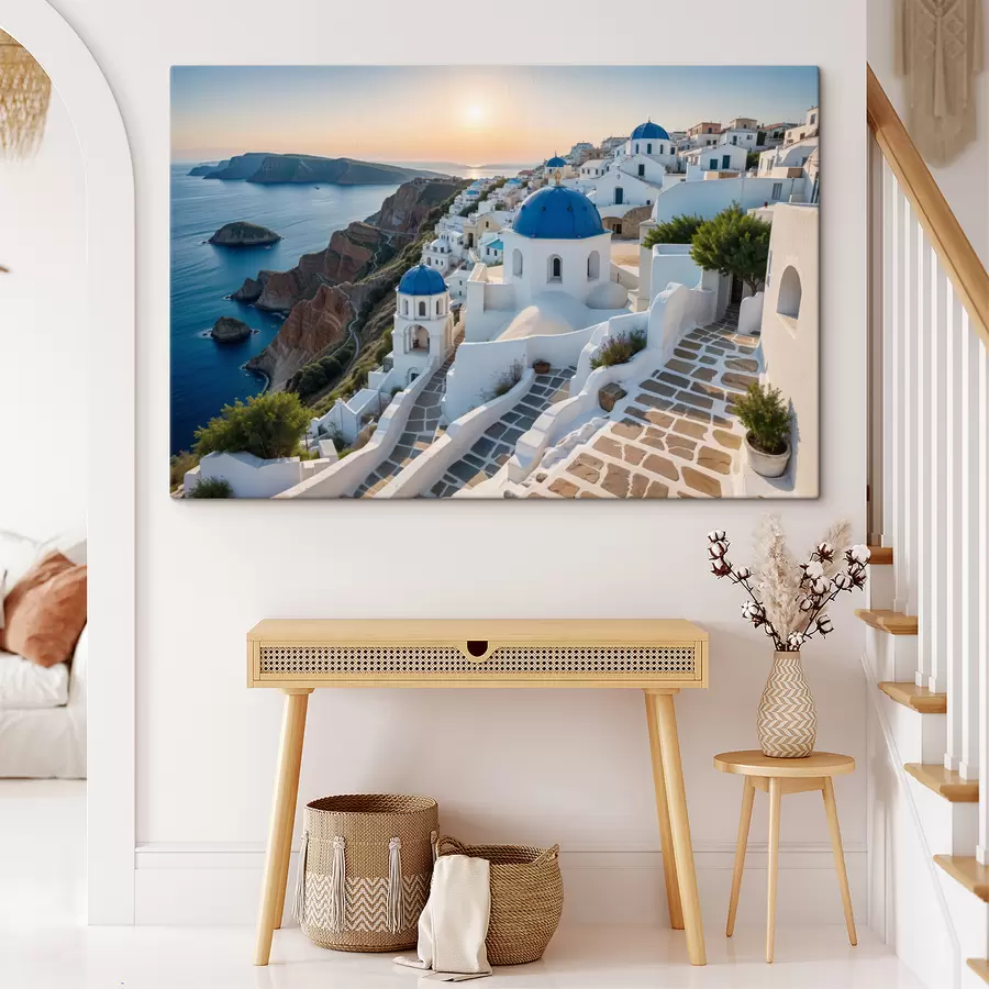wall murals The island of Santorini, Greece. The town is built on a hillside overlooking the Aegean Sea s40160