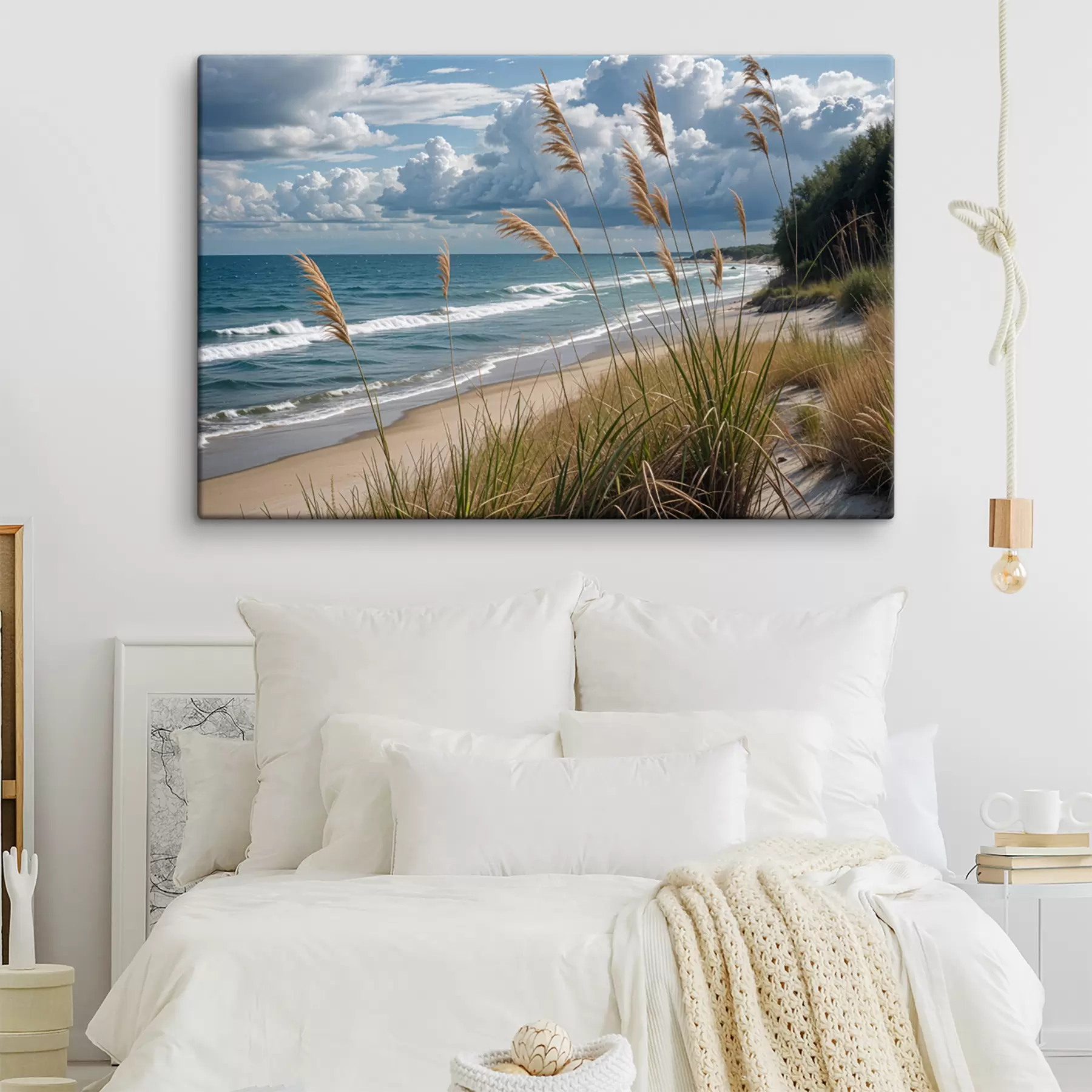 wall murals A scenic beach with tall grass swaying in the wind, overlooking the ocean with crashing waves and a cloudy sky s40161
