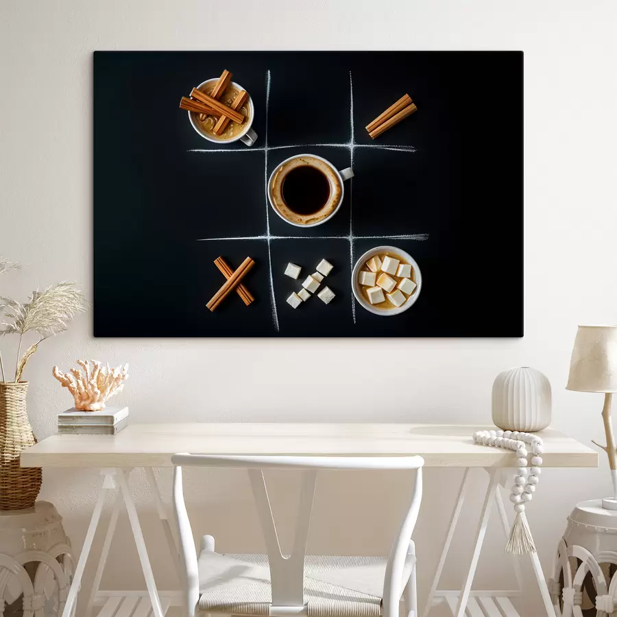wall murals A cup of coffee with cinnamon sticks, sugar cubes, and marshmallows arranged in a tic-tac-toe grid s40163
