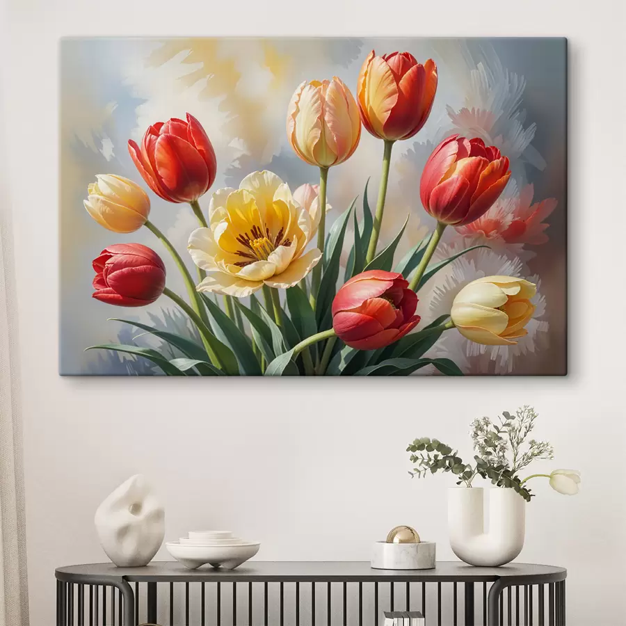 wall murals Colorful tulips in various shades of red, orange, and yellow against a light background s40167