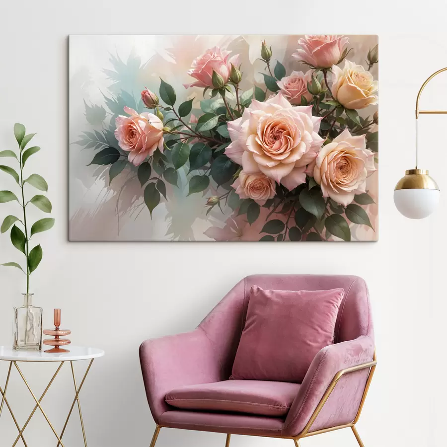 wall murals A bouquet of beautiful pink roses with green leaves against a soft, blurred background s40168