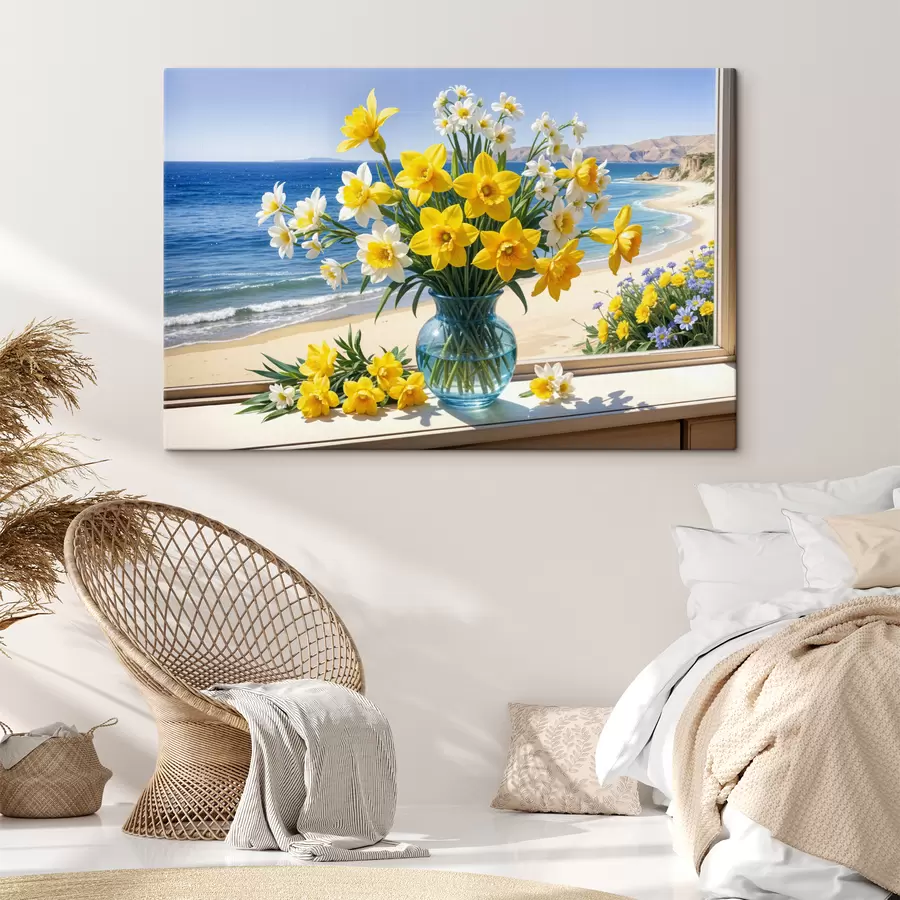 wall murals A bouquet of yellow daffodils and white daisies in a glass vase on a windowsill overlooking a beach and ocean s40171
