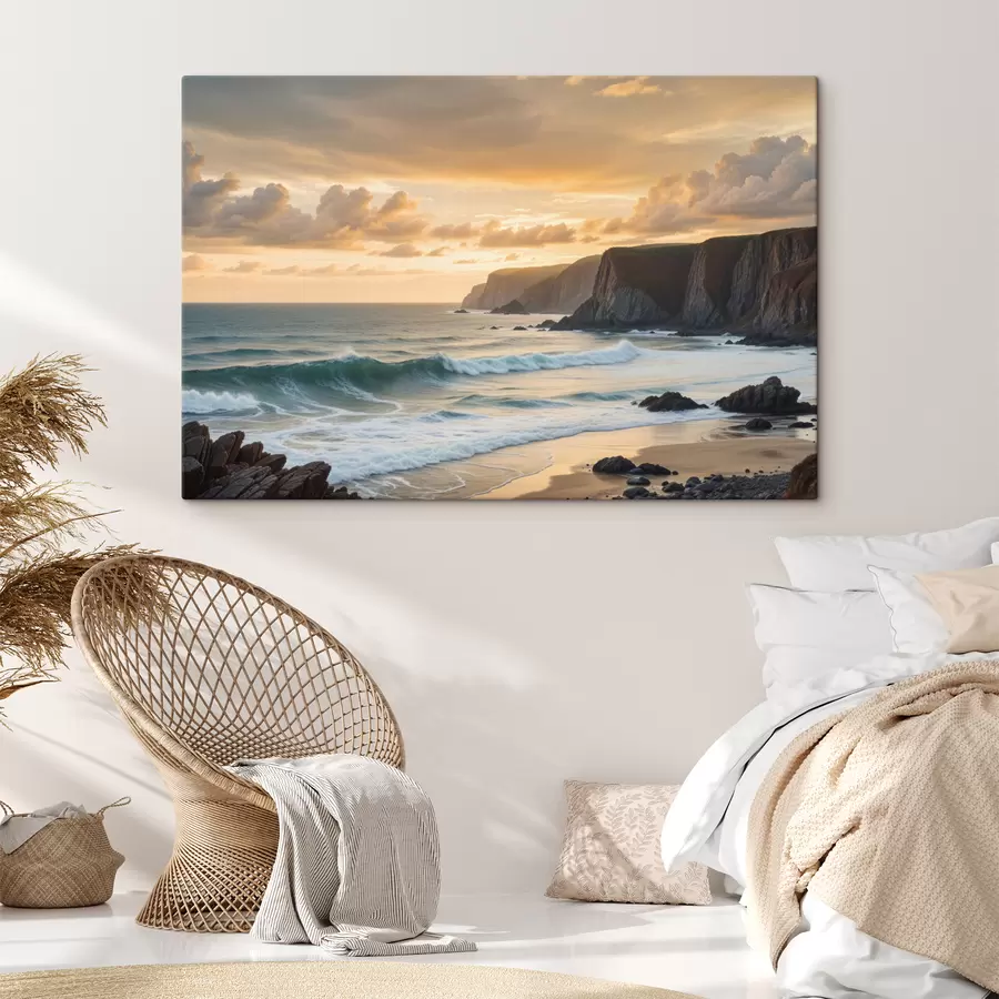wall murals A scenic coastal landscape with dramatic cliffs, crashing waves, and a colorful sunset sky s40176