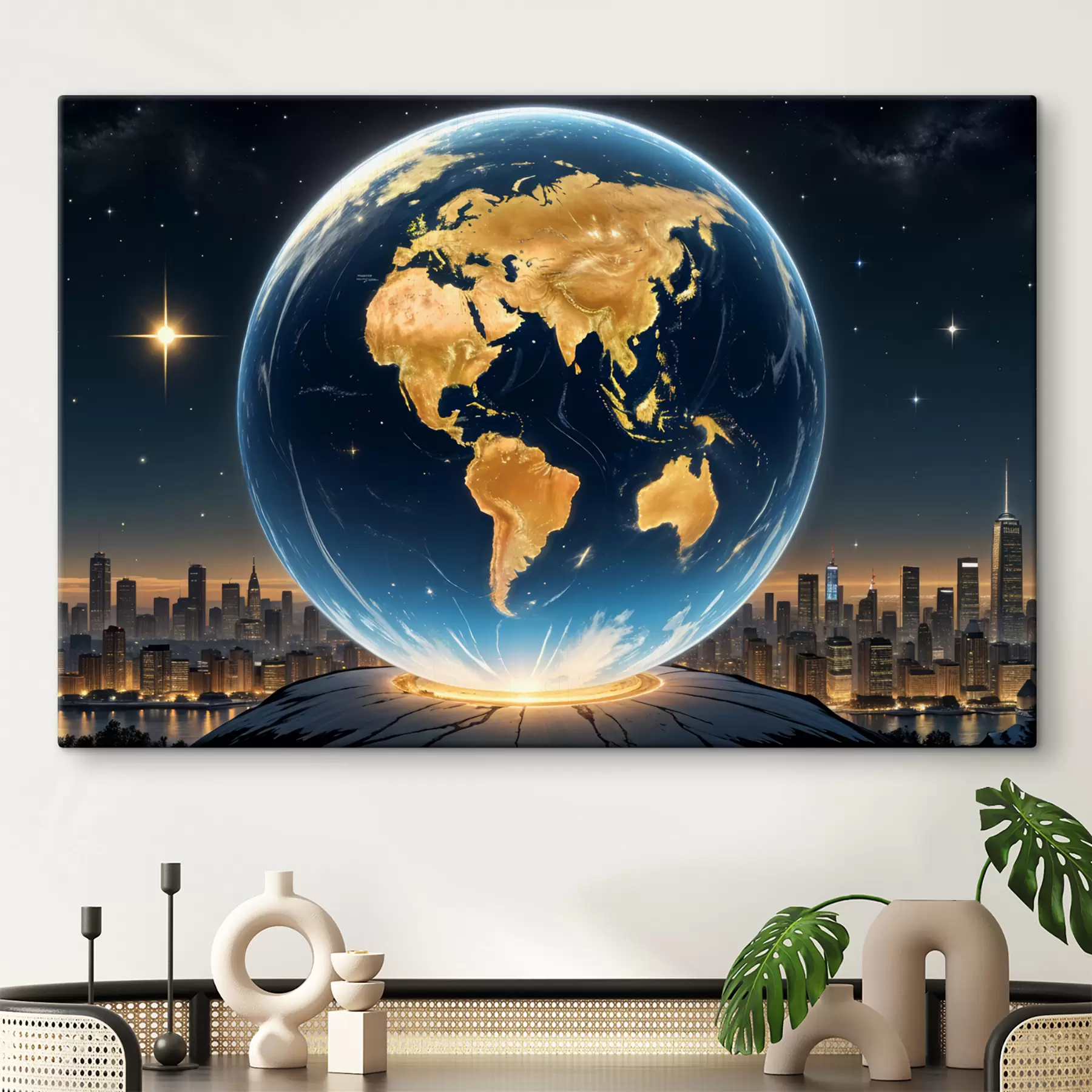 murales Una representación fotorrealista y detallada del planeta Tierra flotando en un paisaje espacial s40178