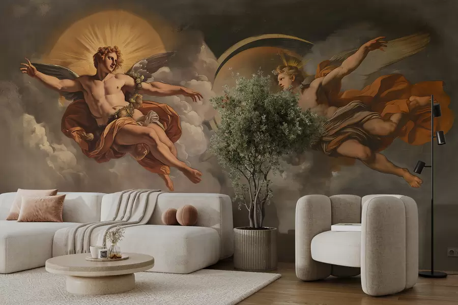 Wall Mural Photo Wallpaper wall mural in the style of renaissance frescoes in beige and dark shades. Two male figures of gods reaching out to each other w08137