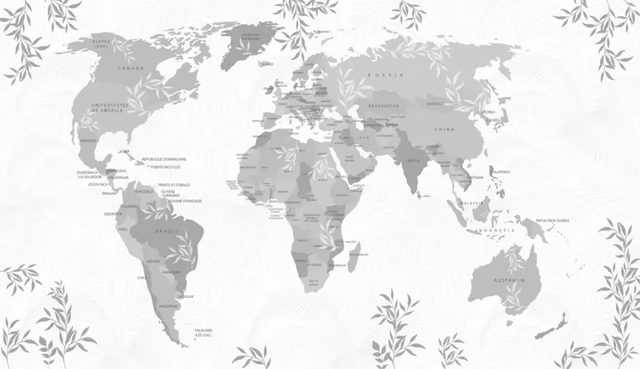 wall murals Stylish world map with leaves and plants gray color w08211v2