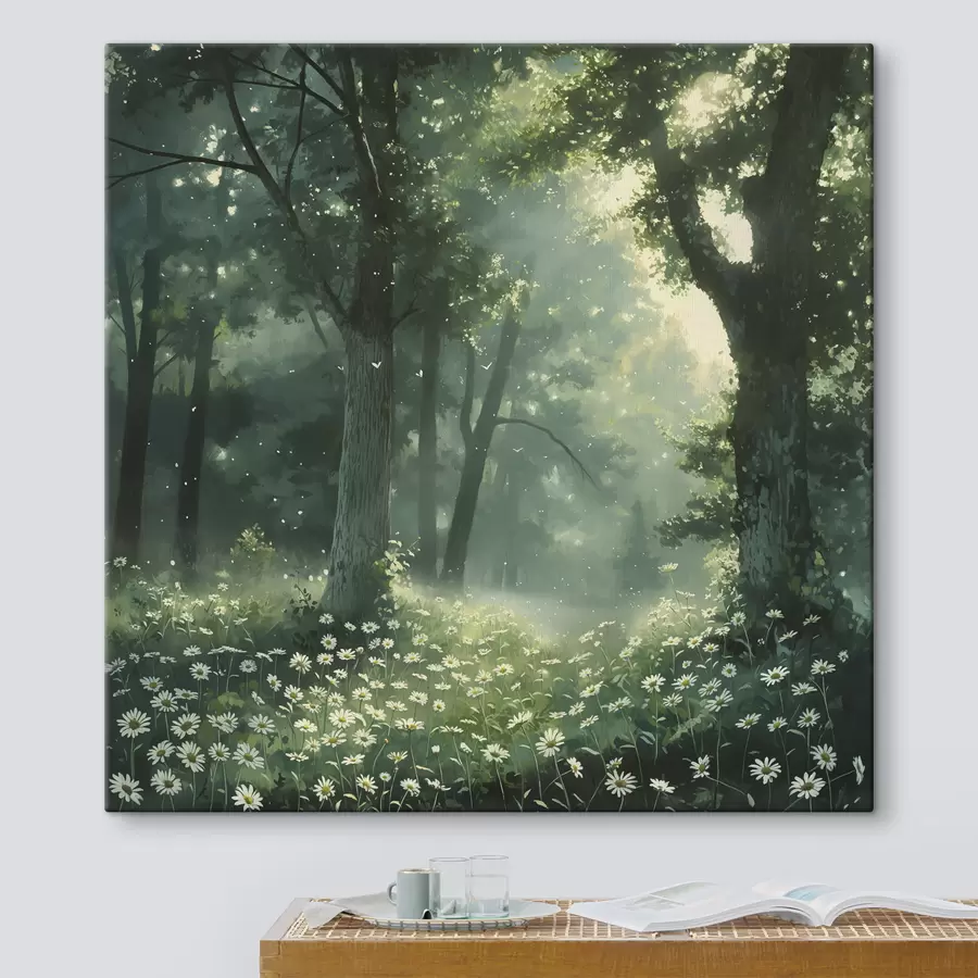 wall murals Dense forest with sunlight in the trees, camomile flowers, green grass, nature s40224