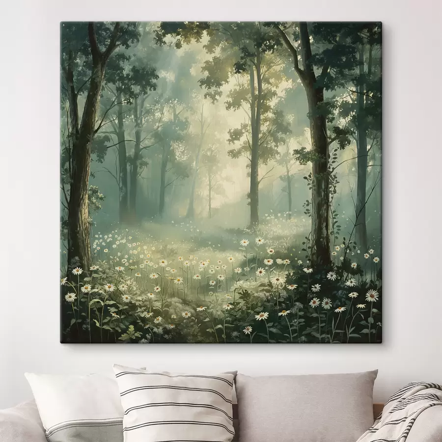 wall murals Forest with soft sunlight, camomile flowers, trees, green grass, acrylic drawing s40228