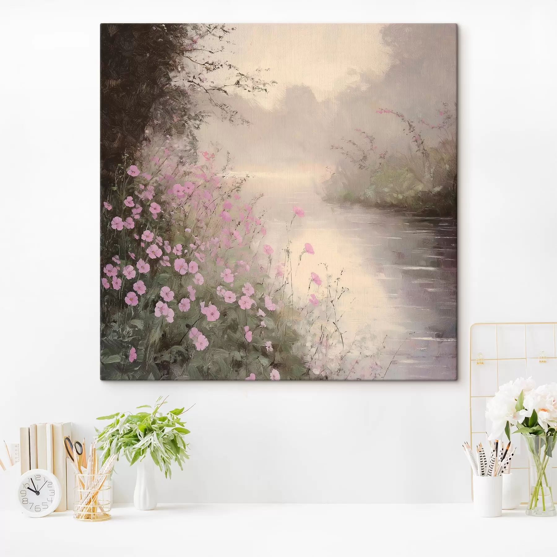 wall murals Lake with pink flowers, sunrise, oil drawing, pastel beige colors, mist s40229