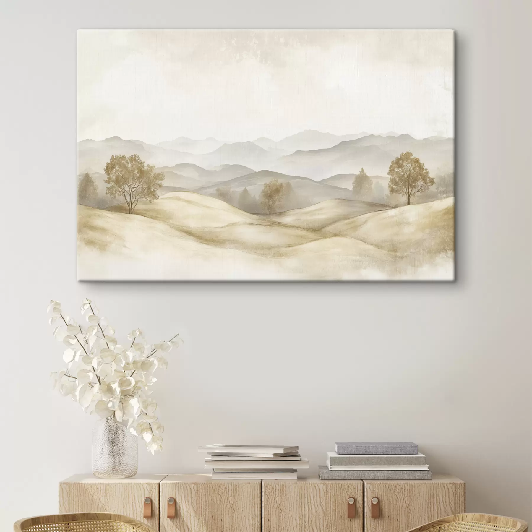 wall murals Nature landscape in beige color palette, meadow, trees, watercolor drawing s40231