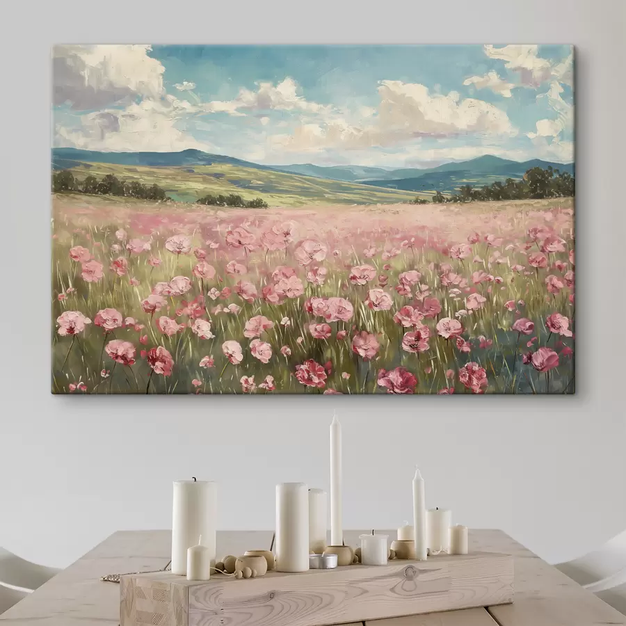 wall murals Meadow with pink flowers, mountains, nature landscape, blue sky with clouds, acrylic  s40232